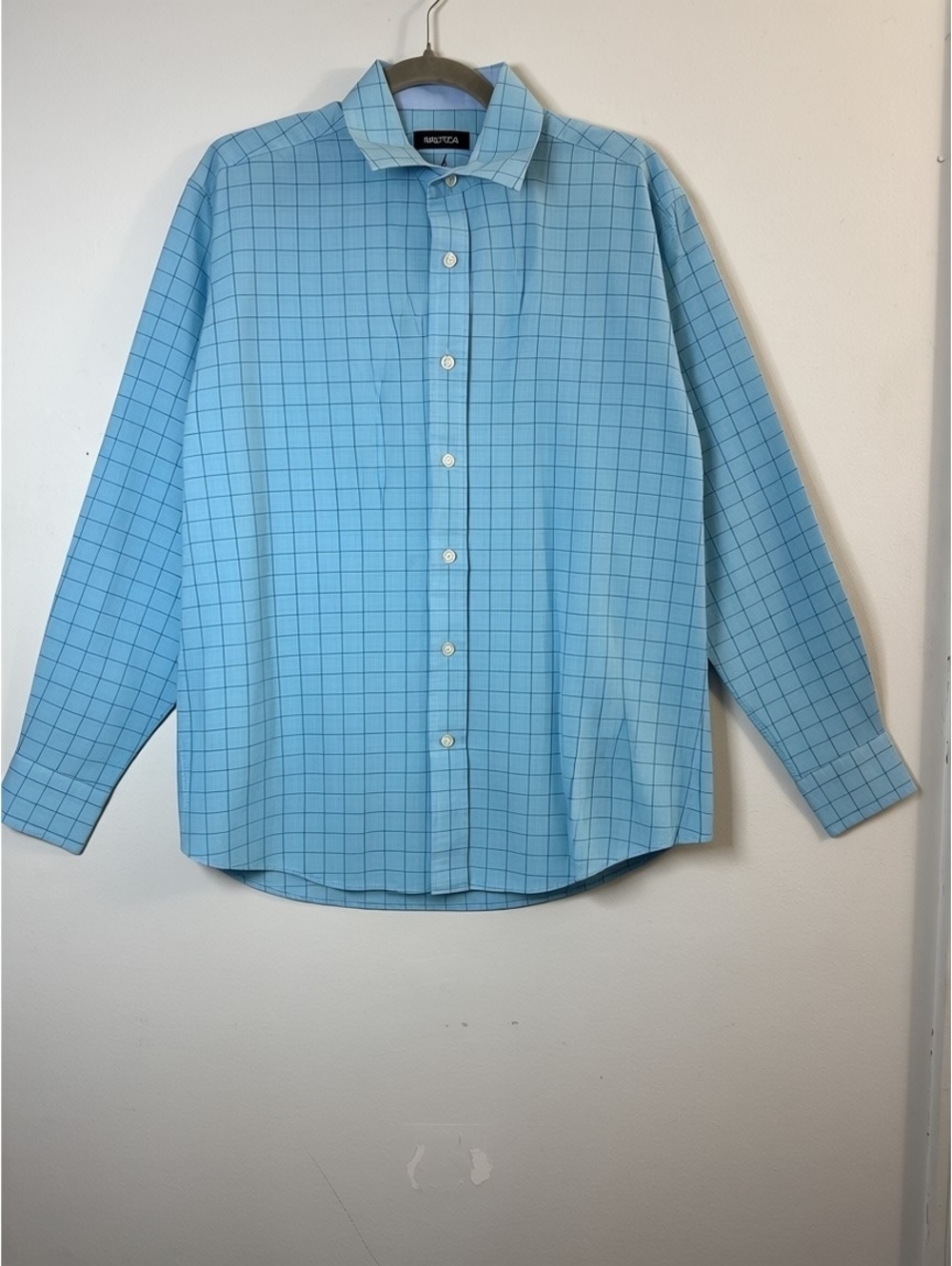 Nautica Mens Dress Shirt 15.5 34/35 Medium Blue Check Long Sleeve Button Front